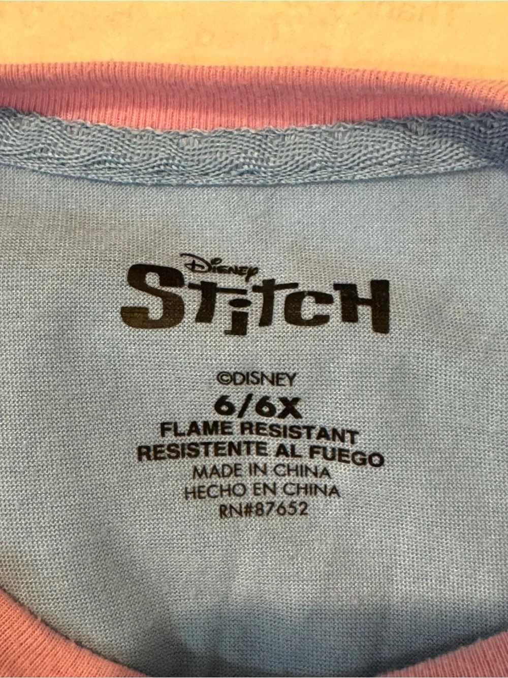 Disney Kids Blue Stitch Print Pajama Set with Pink Trim Sz 6/6X